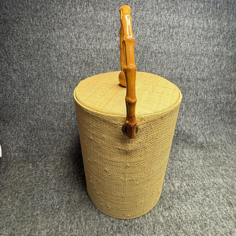 Vintage‎ Wicker Ice Bucket Faux Bamboo Handle Mid Century Barware 15